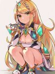  1girl blonde_hair breasts cleavage commentary core_crystal_(xenoblade) earrings hirotaka_(hrtk990203) jewelry large_breasts long_hair looking_at_viewer mythra_(xenoblade) simple_background solo squatting swept_bangs tiara v-shaped_eyebrows very_long_hair white_background xenoblade_chronicles_(series) xenoblade_chronicles_2 yellow_eyes 