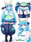  1girl animal_ears blue_dragon_(kemono_friends) blue_eyes blue_garter_belt blue_hair blush breasts clothes_lift dragon_ears dragon_girl dragon_horns dragon_tail elbow_gloves extra_ears fingerless_gloves frilled_panties frills gloves highres horns japari_symbol kemono_friends kemono_friends_3 lifted_by_self long_hair looking_at_viewer mamiyama multicolored_hair necktie panties shirt skirt skirt_lift sleeveless sleeveless_shirt solo tail thighhighs underwear yellow_horns 