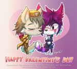anthro brown_hair chibi clothed clothing duo eyes_closed fur hair heart_background holding_present male mouth_closed penguinexperience pink_ears purple_body purple_fur purple_hair red_eyes signature standing tan_body tan_fur white_body white_fur