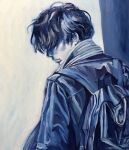  1boy backpack bag black_hair blue_theme closed_mouth from_behind hair_over_eyes highres jacket male_focus oil_painting_(medium) original painting_(medium) s_gurico short_hair solo traditional_media upper_body 