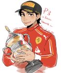  1boy animification baseball_cap black_headwear black_jacket brown_eyes carlos_sainz character_name ferrari formula_one hat highres holding holding_trophy jacket logo looking_at_viewer male_focus pirelli puma_(brand) real_life red_jacket rexin_shimin_shuang_xiansheng simple_background smile solo trophy upper_body white_background 