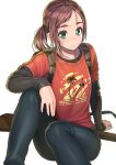  1girl animification backpack bag brown_hair denim ellie_(the_last_of_us) freckles green_eyes highres jeans lips looking_at_viewer low_ponytail nose pants ponytail sitting solo the_last_of_us tsuji_santa white_background 