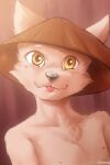  anthro blep clothing fur half_naked hat headgear headwear male rural shirtless shirtless_anthro solo stampmats tongue tongue_out white_body white_fur yellow_eyes 