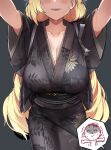  1boy 1girl absurdres akari_(blue_archive) akari_(new_year)_(blue_archive) black_horns black_kimono blonde_hair blue_archive blue_halo blush breasts cleavage collarbone demon_horns doodle_sensei_(blue_archive) grey_background halo head_out_of_frame highres horns japanese_clothes kimono large_breasts long_hair makarony official_alternate_costume open_mouth sensei_(blue_archive) simple_background solo_focus 