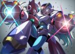  2boys aiming aiming_at_viewer android arm_cannon armor blue_eyes blue_headwear cang_she first_armor_x_(mega_man) forehead_jewel glint gradient_background green_eyes grey_background helmet highres mega_man_(series) mega_man_x_(series) multiple_boys one_eye_closed red_armor red_headwear torso_grab weapon white_armor white_background x_(mega_man) zero_(mega_man) 
