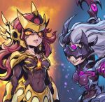  2girls angry armor bangs black_bodysuit bodysuit breasts collarbone covered_navel diana_(league_of_legends) eye_mask gold_armor green_background grey_hair grin holding holding_weapon large_breasts league_of_legends leona_(league_of_legends) long_hair multiple_girls orange_background orange_eyes phantom_ix_row red_hair shiny shiny_clothes shoulder_armor smile teeth weapon 