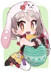  1girl animal_hat blonde_hair braid braided_ponytail brown_gloves easter easter_egg egg expressive_clothes fire_emblem fire_emblem_engage fire_emblem_heroes flower_ornament framme_(fire_emblem) framme_(spring)_(fire_emblem) gloves hair_over_shoulder hat long_hair lowres official_alternate_costume pantyhose rabbit_hat scarf solo tamatamariso85 white_pantyhose yellow_eyes yellow_scarf 