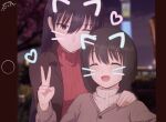  2girls :d ^_^ absurdres animal_ears artist_logo artist_name azumanga_daioh black_eyes black_hair black_jacket blunt_ends blurry blurry_background blush bob_cut breasts brown_cardigan brown_hair brown_sweater building cardigan cat_ears circle close-up closed_eyes closed_mouth commentary depth_of_field drawn_ears drawn_heart drawn_whiskers english_commentary fake_animal_ears foliage hair_between_eyes hand_on_another&#039;s_shoulder hand_up heads_together heart height_difference highres jacket kaori_(azumanga_daioh) kurumimi_birb large_breasts light_blush long_bangs long_hair long_sleeves looking_at_another multiple_girls night nuzzle one_eye_closed open_clothes open_jacket open_mouth pillarboxed portrait red_sweater ribbed_sweater sakaki_(azumanga_daioh) selfie short_hair side-by-side signature small_breasts smile sweater tree turtleneck turtleneck_sweater upper_body v very_long_hair whiskers 