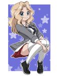  1girl black_footwear blonde_hair blouse blue_eyes closed_mouth collared_shirt cross-laced_footwear floating full_body girls_und_panzer hair_intakes hugging_own_legs jacket kay_(girls_und_panzer) knees_up long_hair looking_at_viewer open_clothes open_jacket outline outside_border saunders_school_uniform school_uniform shirt shoes sleeves_rolled_up smile sneakers solo starry_background takahashi_kurage thighhighs white_outline white_shirt white_thighhighs 