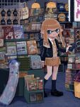  1girl backpack bag black_footwear blue_eyes blue_socks book book_stack closed_mouth highres indoors inkling inkling_girl inkling_player_character long_hair necktie orange_hair orange_necktie orange_skirt pleated_skirt pointy_ears r6aru shopping skirt smile socks solo splatoon_(series) splatoon_3 standing tentacle_hair 