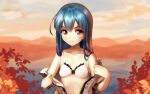 1girl autumn bare_arms bare_shoulders blue_hair blue_sky bra brown_eyes center_frills closed_mouth cloud collarbone commentary_request eyelashes frilled_bra frills hinanawi_tenshi light_blush long_hair mountainous_horizon open_clothes open_shirt outdoors red_pupils ribs shirt sky smile solo touhou underwear undressing upper_body welt_(kinsei_koutenkyoku) white_bra white_shirt 