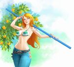  1girl arm_tattoo artist_name bare_shoulders bikini bikini_top_only closed_mouth commentary english_commentary food fruit highres holding holding_polearm holding_weapon long_hair mandarin_orange midriff nami_(one_piece) navel one_piece orange_eyes orange_hair outdoors polearm smile solo suddakka swimsuit tattoo weapon 