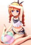  1girl ahoge arm_up armpits ball bare_arms barefoot beachball belt bikini black_bikini black_hairband black_headband blue_eyes bow_hairband braid hair_tie hairband headband highres layered_bikini long_hair marimo_(midiina) navel open_mouth orange_hair princess_connect! sitting solo swimsuit translucent twin_braids wariza white_belt yuni_(princess_connect!) yuni_(winter)_(princess_connect!) 