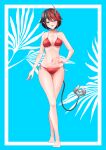  1girl absurdres alternate_costume bangs bikini black_hair blue_background blue_eyes blush breasts commentary_request crossed_legs demon_girl demon_horns demon_tail full_body hand_on_hip highres horns large_breasts looking_at_viewer multicolored_hair navel open_mouth palm_tree pointy_ears red_bikini red_hair robou_no_stone ryugasaki_rene short_hair smile solo sugar_lyric swimsuit tail tree two-tone_hair virtual_youtuber 