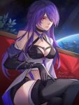  1girl acheron_(honkai:_star_rail) angel_(halfheartxi) black_choker black_gloves black_shorts boots breasts choker cleavage commentary_request elbow_gloves gloves highres honkai:_star_rail honkai_(series) long_hair looking_at_viewer midriff parted_lips purple_eyes purple_hair short_shorts shorts single_bare_shoulder sitting small_breasts solo thigh_boots thighs very_long_hair 