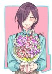  1boy aqua_shirt blush bolo_tie border bouquet brown_pants bungou_to_alchemist closed_mouth flower full_body hair_behind_ear hair_over_one_eye hair_over_shoulder hair_ribbon head_tilt holding holding_bouquet long_hair long_sleeves low_ponytail male_focus outside_border pants pink_background pink_flower pinstripe_pants pinstripe_pattern purple_flower purple_hair ribbon shirt signature smile solo standing straight-on suspenders tasikanakoto upper_body white_border white_ribbon yellow_eyes yokomitsu_riichi_(bungou_to_alchemist) 