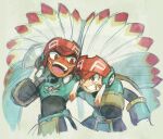  2boys arm_on_another&#039;s_shoulder armor black_bodysuit blue_armor bodysuit brown_eyes chiha_bobobo dark-skinned_male dark_skin dingo_(mega_man) facial_mark fusion headdress highres male_focus mega_man_(series) mega_man_battle_network_(series) multiple_boys native_american_headdress open_mouth smile tomahawkman.exe twitter_username 