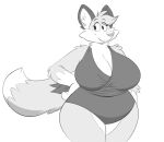  2022 anthro big_breasts blush breasts canid canine cleavage clothed clothing deep_cleavage digital_media_(artwork) dipstick_tail eye_through_hair eyebrow_through_hair eyebrows female fluffy fluffy_tail fox fur hair hair_over_eye hand_on_hip huge_breasts inner_ear_fluff looking_aside mammal markings monochrome monotone_background multicolored_body multicolored_fur neck_tuft one-piece_swimsuit one_eye_obstructed portrait simple_background smile solo swimwear tail_markings thick_thighs three-quarter_portrait titsunekitsune translucent translucent_hair tuft white_background wide_hips zera_(titsunekitsune) 