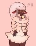  2021 anthro bell bottomwear breasts clothed clothing digital_drawing_(artwork) digital_media_(artwork) dress dressuptober female fluffy_clothing fully_clothed generation_8_pokemon hi_res horn junkedart monochrome nintendo pink_nose pokemon pokemon_(species) portrait skirt small_horn solo video_games wooloo yellow_eyes 
