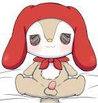 anthro azuo balls blush brown_body brown_fur fur genitals hi_res lagomorph leporid male mammal mellow_(sanrio) penis rabbit red_hood sanrio simple_background solo spread_legs spreading tapering_penis white_background white_body white_fur