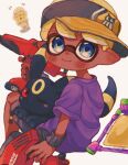  1boy black_fur blonde_hair blue_eyes closed_mouth commentary_request dark-skinned_male dark_skin dualie_squelcher_(splatoon) facial_mark forehead_mark full_body gun highres holding holding_gun holding_weapon inkling inkling_boy inkling_player_character male_focus ochocho2828 one_eye_closed pointy_ears pokemon pokemon_(creature) print_headwear print_shirt red_eyes shirt short_hair simple_background sitting smile splat_bomb_(splatoon) splatoon_(series) splatoon_3 tail tentacle_hair umbreon visor_cap wave_breaker_(splatoon) weapon white_background wristband 