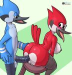 anal anal_penetration anthro anthro_on_anthro anthro_penetrated anthro_penetrating anthro_penetrating_anthro avian balls big_butt big_penis bird black_penis blue_body blue_feathers blue_jay breasts butt cardinal_(bird) cartoon_network chair corvid duo feathers female female_penetrated fours_(artist) furniture genitals hand_on_hip hi_res jay_(bird) looking_pleasured male male/female male_penetrating male_penetrating_female margaret_smith_(regular_show) mordecai_(regular_show) new_world_jay nipples oscine passerine penetration penis pussy red_body red_feathers regular_show sex tongue tongue_out