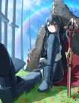  1girl absurdres blue_eyes blue_hair blue_pants blue_shirt blue_sky boots cape closed_mouth cloud day falchion_(fire_emblem) falling_petals fingerless_gloves fire_emblem fire_emblem_awakening flower gloves gold_hairband grass hidulume highres knee_up long_hair lucina_(fire_emblem) orange_flower outdoors pants petals planted planted_sword rainbow shirt sitting sky solo sword thigh_boots weapon 