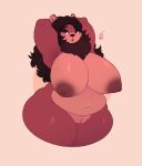 anthro bear big_breasts black_hair breasts brown_body brown_fur cherryhyena curvy_figure female fur genitals hair hi_res huge_breasts long_hair mammal navel neck_tuft nipples overweight overweight_female pussy raised_arms solo thick_thighs tuft voluptuous wide_hips