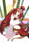  1girl apron arm_up bamboo benienma_(fate) chestnut_mouth circle commentary_request fate/grand_order fate_(series) full_body hand_up hat holding horns japanese_clothes kimono long_hair long_sleeves looking_at_viewer ohitsu okobo open_mouth parted_bangs partial_commentary ponytail red_hair red_kimono rice sandals sidelocks single_horn solo suguri_(neroli) tassel white_apron white_background wide_sleeves 