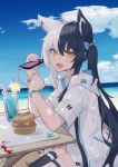  1girl :d absurdres animal_ear_fluff animal_ears asymmetrical_legwear azumi_(8809464) beach black_hair black_thighhighs blue_bow blue_sky bow burger cellphone cloud crab cup day drink drinking_glass drinking_straw fang food fox_ears fox_girl fruit hair_between_eyes hair_bow highres holding holding_phone hood hood_down jacket long_hair looking_at_viewer mismatched_legwear multicolored_hair ocean open_mouth original outdoors phone short_sleeves single_thighhigh sitting skin_fang sky smartphone smile solo split-color_hair table thighhighs twintails two-tone_hair white_hair white_jacket white_thighhighs yellow_eyes 