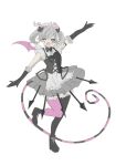  1girl arianne_the_labrynth_servant black_gloves bow demon_girl demon_horns demon_tail dress duel_monster frilled_dress frilled_gloves frills gloves grey_hair hair_bow highres horns maid one_eye_closed pink_eyes pink_tail pink_wings pointy_ears short_hair short_sleeves side_ponytail simple_background solo standing standing_on_one_leg striped_tail tail toba_(toba_game) white_background wings yu-gi-oh! 