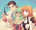  1boy 2girls black_hair blue_eyes blush brown_eyes dark-skinned_female dark_skin eating elhaym_van_houten emerada_(xenogears) fei_fong_wong green_hair hand_on_another&#039;s_shoulder highres looking_at_another multiple_girls orange_eyes orange_hair scarf school_uniform upper_body wata6_6 xenogears 