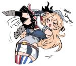  2girls american_flag asymmetrical_legwear black_hair blonde_hair closed_eyes elbow_gloves fingerless_gloves front-tie_top garter_straps gloves headgear iowa_(kancolle) kantai_collection lifting_person long_hair mismatched_legwear multiple_girls panties scarf school_uniform sendai_(kancolle) serafuku skirt smile striped_clothes striped_skirt striped_thighhighs terrajin thighhighs underwear vertical-striped_clothes vertical-striped_skirt vertical-striped_thighhighs white_background white_panties white_scarf 