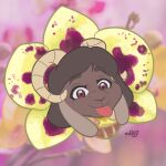 absurd_res animal_humanoid anthro bovid bovid_humanoid caprine caprine_humanoid cute_expression female flower goat goat_humanoid hi_res humanoid mammal mammal_humanoid naoto orchid_(flower) petals plant solo spring_(season) tongue tongue_out ych