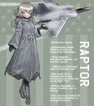 1girl absurdres aircraft airplane black_gloves english_text evil_grin evil_smile f-22_raptor fighter_jet full_body gloves grey_hair grin hair_between_eyes highres jet looking_at_viewer mecha_musume medium_hair military_vehicle orange_hair original pandramodo personification smile solo twitter_username 