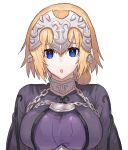  1girl :o absurdres blonde_hair blue_eyes bow braid breasts cape chain fate/grand_order fate_(series) hair_between_eyes hair_bow heart highres jeanne_d&#039;arc_(fate) large_breasts long_hair looking_at_viewer none_(kameko227) open_mouth solo upper_body white_background 