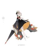  1girl absurdres ankle_ribbon bare_legs barefoot black_dress black_umbrella closed_mouth closed_umbrella dress floating full_body hair_ornament highres holding holding_umbrella jewelry leg_ribbon long_sleeves looking_at_viewer minamoto_no_hiromasa_(onmyoji) onmyoji orange_eyes ribbon simple_background skirt solo tassel two-sided_fabric two-sided_skirt umbrella weibo_logo weibo_username white_background white_hair wide_sleeves yisiwanxi 