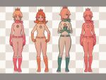  4girls bellhenge blonde_hair blue_eyes blue_gloves bodysuit boots brown_hair crown earrings flower full_body gloves gold jewelry long_hair looking_at_viewer mario_(series) mario_kart mario_kart_8_deluxe multiple_girls orange_gloves pink_gloves pink_gold_peach ponytail princess_daisy princess_peach rosalina scarf short_hair standing star_(symbol) starish 