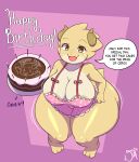 2024 3_toes 4_fingers absurd_res anthro apron apron_only areola areola_slip big_breasts birthday birthday_cake breasts brown_eyes butt_from_the_front cake chapsan clothing dessert english_text feet female fingers food happy_birthday hi_res horn kobold looking_at_viewer open_mouth solo tales_of_sezvilpan text thick_thighs tiki_(joaoppereiraus) toes wide_hips
