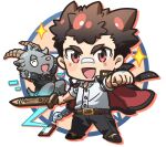  2boys bandaid bandaid_on_face bandaid_on_nose belt black_pants brown_eyes brown_hair chibi clenched_hand collared_shirt commentary drop_shadow full_body furry furry_male gakuran glitch goat_boy hand_tattoo highres holding holding_sword holding_weapon jacket jacket_on_shoulders loafers magatama male_focus multiple_boys nizitaro open_mouth pants partially_unbuttoned protagonist_1_(housamo) salomon_(housamo) school_uniform shirt shoes short_hair sideburns simple_background smile sparkle standing sword tattoo thick_eyebrows tokyo_afterschool_summoners weapon white_background white_shirt 