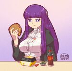  1girl artist_logo artist_name black_coat blunt_bangs breasts bright_pupils burger carl&#039;s_jr. cheese coat dress drink eating english_text fern_(sousou_no_frieren) food food_on_clothes food_on_face gradient_background holding holding_food ketchup large_breasts long_hair long_sleeves purple_eyes purple_hair sauce sidelocks solo sousou_no_frieren tacozama upper_body white_dress white_pupils 