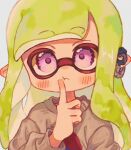  1girl closed_mouth commentary_request eyebrows_hidden_by_hair finger_to_mouth green_hair grey_sweater heart heart-shaped_pupils inkling inkling_girl inkling_player_character long_hair ochocho2828 pointy_ears print_sweater purple_eyes simple_background solo splatoon_(series) sweater symbol-shaped_pupils tentacle_hair thick_eyebrows upper_body white_background 