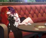  2girls blush commentary_request couch cup eyewear_on_head highres himeko_(honkai:_star_rail) honkai:_star_rail honkai_(series) kafka_(honkai:_star_rail) kiss leusyal_hsr long_hair multiple_girls on_couch purple_hair red_hair saucer table yuri 