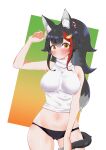  1girl animal_ears ass_visible_through_thighs black_hair black_panties blush breasts brown_eyes commentary_request cowboy_shot gradient gradient_background green_background hair_ornament highres hololive kani_bonara large_breasts long_hair looking_at_viewer low-tied_long_hair multicolored_background multicolored_hair navel no_pants ookami_mio orange_background panties ponytail red_hair solo streaked_hair tail tail_around_leg underwear virtual_youtuber white_background wolf_ears wolf_girl wolf_tail 