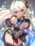  1girl bare_shoulders breasts closed_mouth corrin_(female)_(fire_emblem) corrin_(female)_(resplendent)_(fire_emblem) corrin_(fire_emblem) covered_navel cowboy_shot dress elbow_gloves fire_emblem fire_emblem_fates fire_emblem_heroes gloves grey_background hair_between_eyes highres hirotaka_(hrtk990203) long_hair looking_at_viewer official_alternate_costume pointy_ears red_eyes short_dress smile solo thighhighs very_long_hair water white_hair 