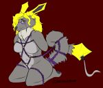  anthro bdsm bondage bound canid canine canis eeveelution electricity eyewear female generation_1_pokemon glasses hands_behind_back hi_res hybrid jolteon kneeling kneeling_on_ground kyn_skyther mammal nintendo pokemon pokemon_(species) restraints rope rope_bondage rope_harness solo tail_tied video_games wolf 