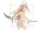  ahoge androgynous gold_bracelet green_eyes grey_hair holding holding_weapon jewelry kirim_(fugo) knife long_hair matsuo_yuusuke navel nipples original simple_background sketch solo weapon white_background 