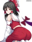  1girl artist_name ass bare_shoulders black_hair bow chest_sarashi chrisdorian closed_mouth detached_sleeves english_commentary frilled_bow frilled_hair_tubes frilled_shirt_collar frills from_behind gap_(touhou) hair_bow hair_tubes hakurei_reimu highres looking_at_viewer medium_hair midriff nontraditional_miko red_bow red_eyes red_shirt red_skirt sarashi seiza shirt simple_background sitting skirt socks solo touhou watermark white_background white_footwear 