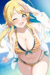  1girl ;d absurdres ahoge beach blonde_hair blush breasts cleavage collarbone hachimiya_meguru highres idolmaster idolmaster_shiny_colors jacket large_breasts looking_at_viewer musha_no_kozi navel one_eye_closed outdoors smile solo stomach thighs twintails white_jacket 