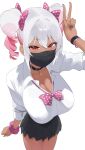  1girl bow bowtie bracelet breasts byeon_dha choker cleavage dark_skin drill_hair grey_hair hair_bow hand_up highres jewelry large_breasts mask mole mole_under_eye momocca mouth_mask multicolored_hair original pink_hair red_eyes shirt skirt twin_drills two-tone_hair v white_shirt 
